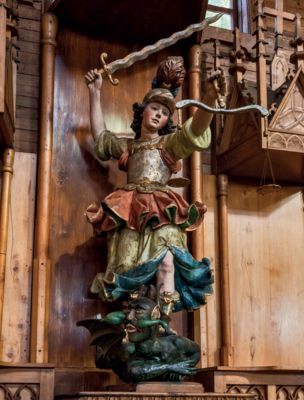 St Michael, here attributed to a pupil of José Brasanelli and dated c.1720–60. Polychrome wood. (San Francisco, Castro, Chiloé; photograph the author).