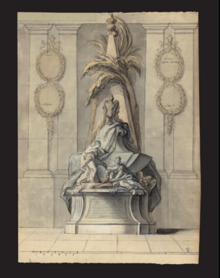 Design for the funerary monument of Queen Catherine Opalinska, by Jean-Baptiste Il Lemoyne. 1747. Pen and ink wash, 66.5 by 50.2 cm. (Hamburg Kunsthalle).