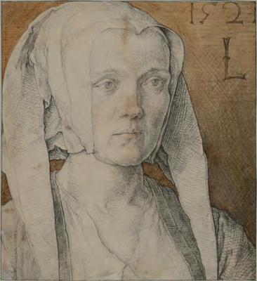 Portrait of a young woman, by Lucas van Leyden. 1521. Black and red chalk with reddish-brown wash on paper, 36.2 by 33 cm. (Klassik Stiftung Weimar, Museen; exh. Suermondt-Ludwig-Museum, Aachen).