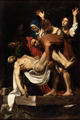 The entombment of Christ, by Caravaggio. c.1602–04. Oil on canvas, 306 by 214 cm. (Vatican Museums).