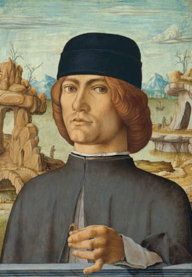 Portrait of a man with a ring, attributed by Edith E. Coulson James to Francesco Francia. c.1472–77. Oil on panel, 38.5 by 27.5 cm. (Museo Nacional Thyssen-Bornemisza, Madrid).