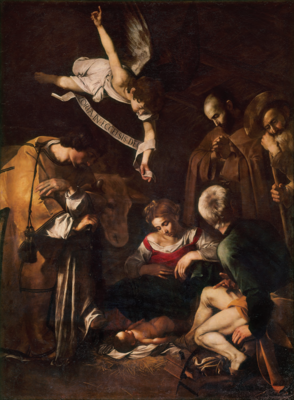 Nativity with St Lawrence and St Francis, by Caravaggio. 1600. Oil on canvas, 268 by 197 cm. (Present whereabouts unknown; formerly Oratorio di S. Lorezo, Palermo, Sicily; Scala Images).