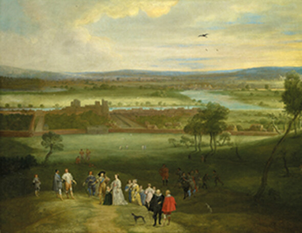 A view of Greenwich with Charles I and Henrietta Maria among a group of courtiers