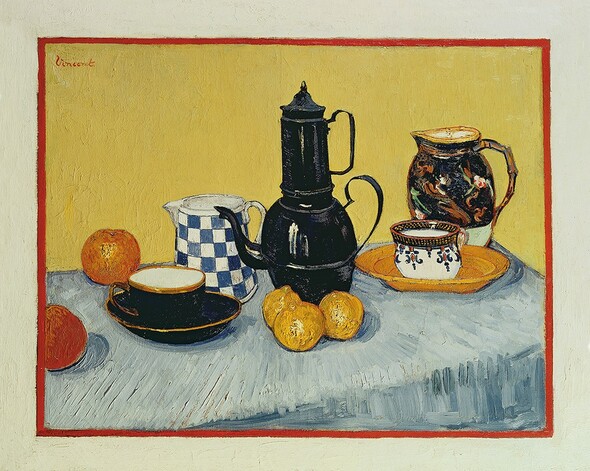 Still-life with blue enamel coffeepot, earthenware and fruit