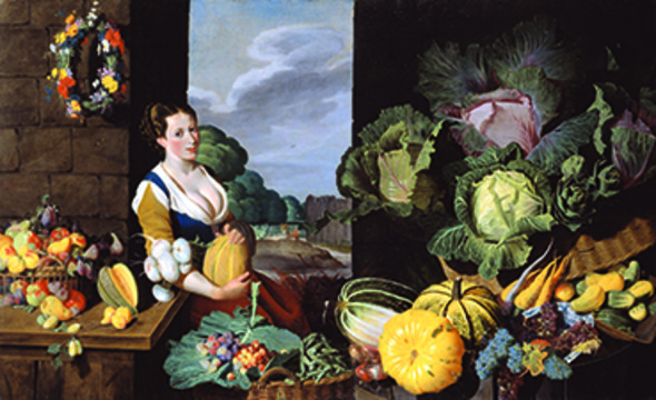 Cookmaid with still life of vegetables and fruit