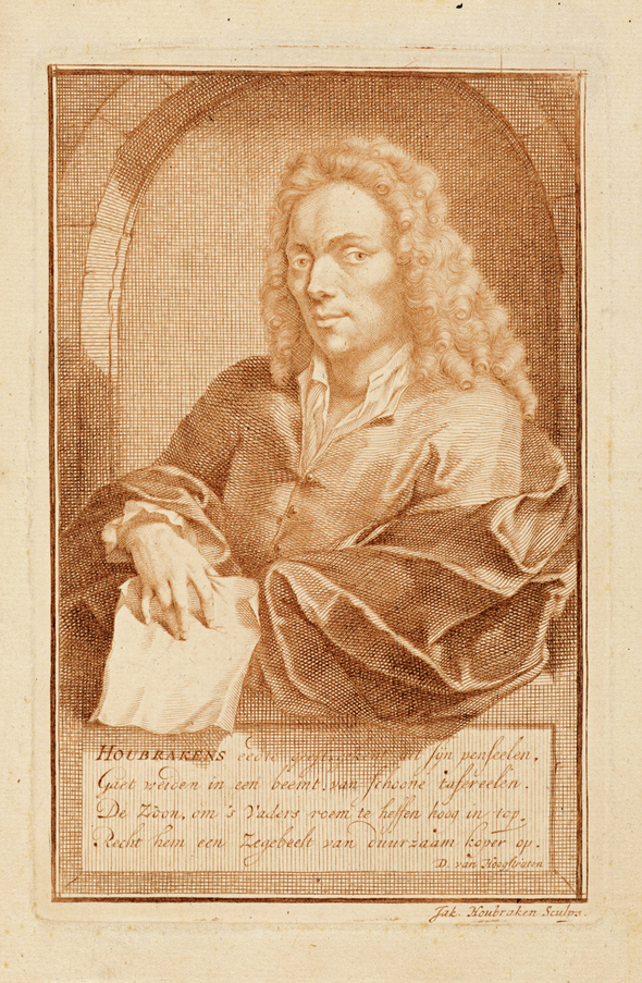 Portrait of Arnold Houbraken, by Jacob Houbraken. 1718. Engraving in brown ink, 15.7 by 10.3 cm. (Rijksmuseum, Amsterdam).
