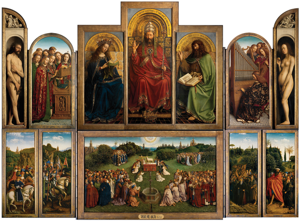 Ghent Altarpiece, current presentation (open position), by Hubert and Jan van Eyck. 1432. Panel, 375 by 514 cm. (St Bavo’s Cathedral, Ghent).