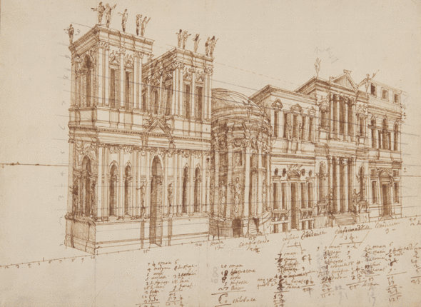 Project drawing for the perspective avenue of the Teatro Olimpico, Vicenza, by Vincenzo Scamozzi. 1584. Ruler, stylus, pen, black ink and wash on white paper, 29.2 by 41.3 cm. (The Duke of Devonshire and the Trustees of the Chatsworth Settlement, Devonshi