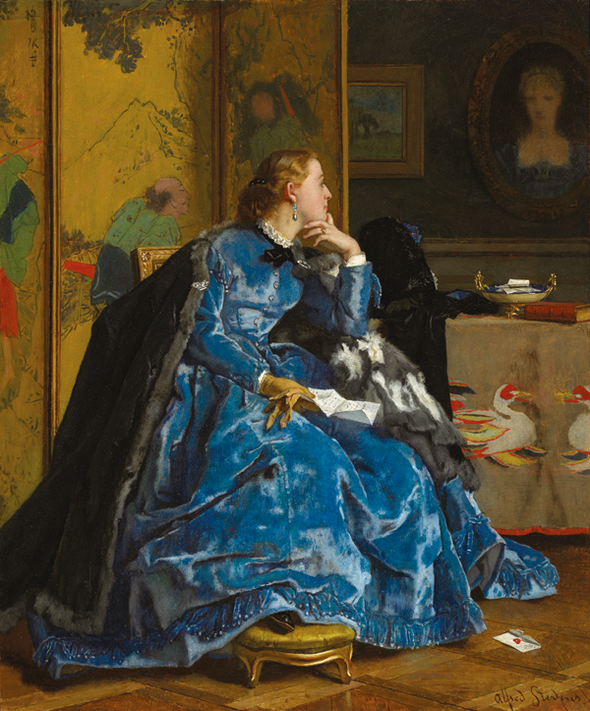 A duchess (The blue dress) by Alfred Stevens, c.1866. Canvas,  31.4 by 26 cm. (Sterling and Francine Clark Art Institute, Williamstown MA). 