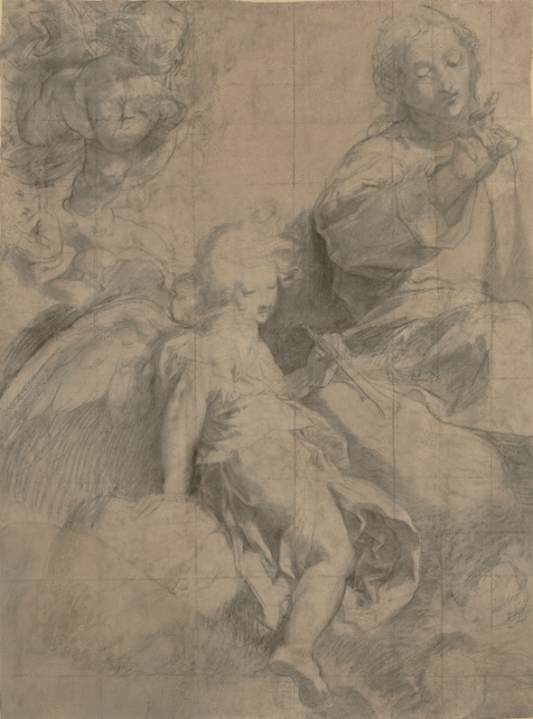 Cartoon for the upper-left quadrant of the Madonna del popolo, by Federico Barocci. Charcoal (or greyish black chalk), with black chalk (or black pastel), highlighted with white chalk (or white pastel), on twelve joined sheets of paper, 149.5 by 110.5 cm.