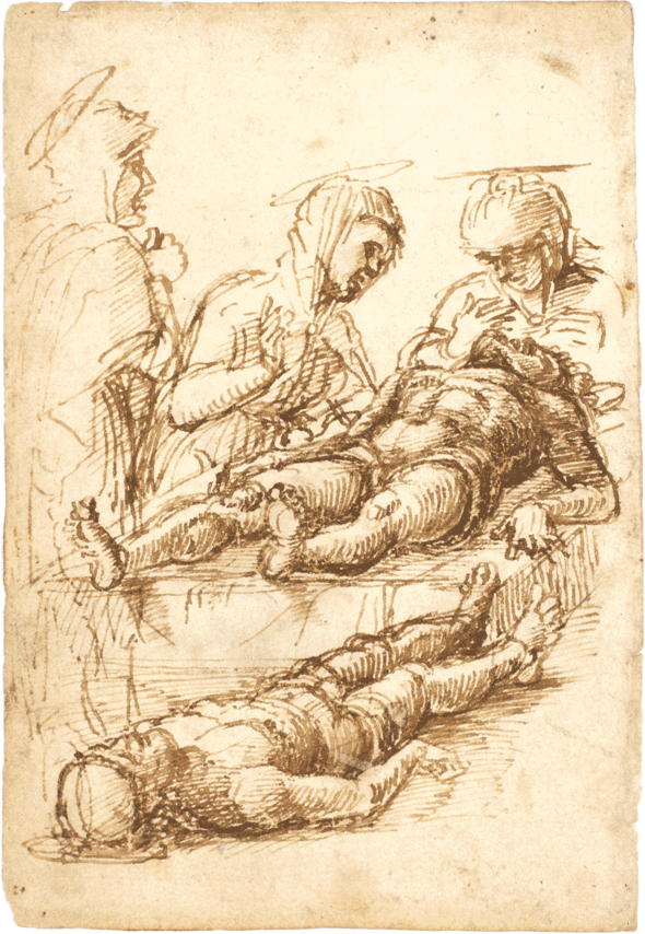 Studies for the dead Christ and the Lamentation over the dead Christ, by Andrea Mantegna. c.1460–65. Pen and brown ink, 15.1 by 10 cm. (Private collection).