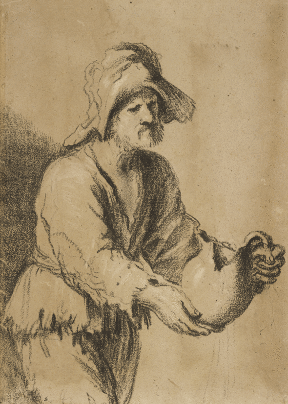 Beggar holding a broken jug, by Giovanni Francesco Barbieri, called Il Guercino. c.1620. Oiled charcoal, with lead-white heightening on paper, 35.8 by 25.8 cm. (Morgan Library & Museum, New York).