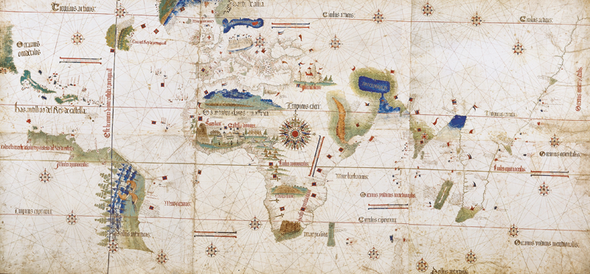 The Cantino world map. Portuguese. 1502. Ink and colour on parchment, 105 by 220 cm. (Biblioteca Estense Universitaria, Modena).