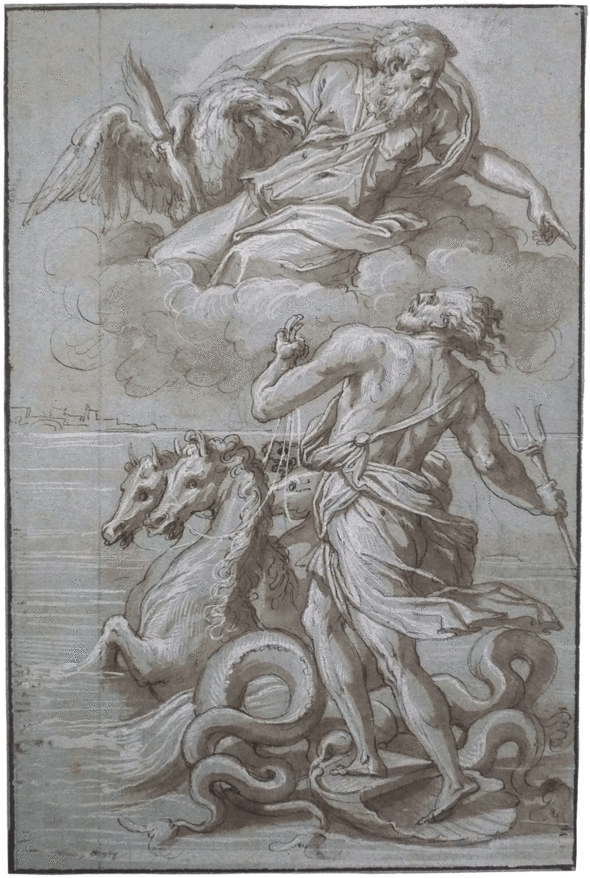 Jupiter orders Neptune to calm the stormy sea, here attributed to Giorgio Vasari. c.1557. Pen with brown ink over traces of black chalk, brown wash and white heightening (partially oxidised), 24.9 by 16.4 cm. (Herzog Anton Ulrich-Museum, Braunschweig).