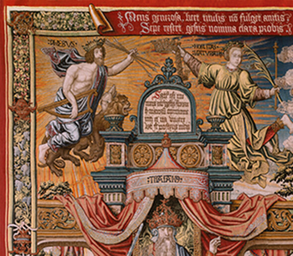 Detail of the Nobilitas tapestry from the series Los Honores, showing (left) Apollo (‘Phoebus’)