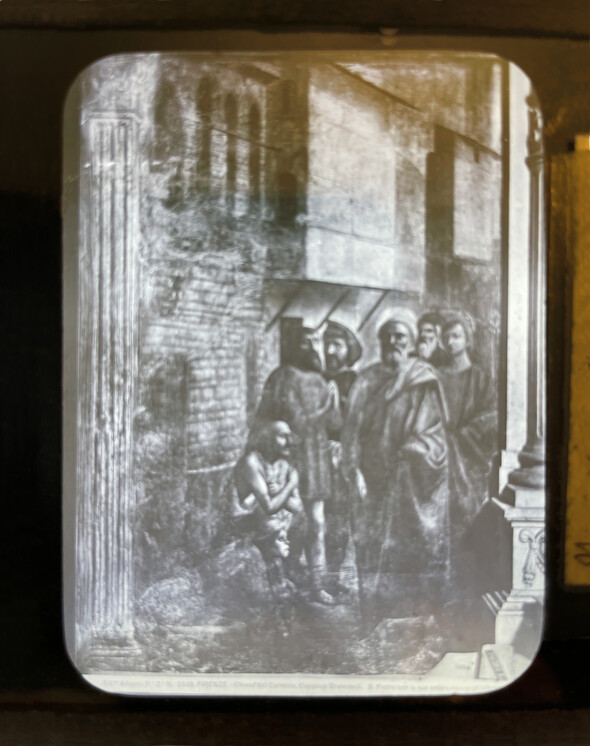 Roger Fry’s glass slide of Masaccio’s St Peter healing with his shadow. 