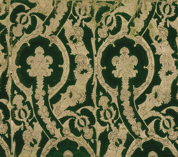  Panel of green velvet cloth of gold of tissue (three loom widths sewn together). 