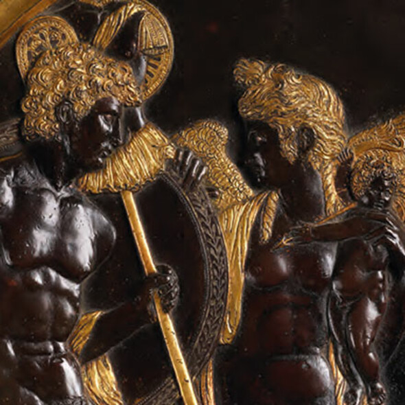 Vulcan, Venus, Cupid and Mars, attributed to Gian Marco Cavalli. c.1500. Bronze with gilding and inlaid silver, diameter 42 cm. (Private collection).