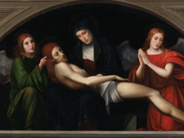 Pieta (lunette from the Buonvisi Alterpiece), by Francesco Francia. 1510-12. Oil on wood, 94 by 184.