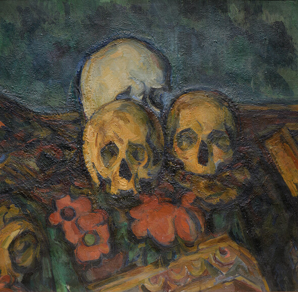 Detail from Three skulls on a patterned carpet