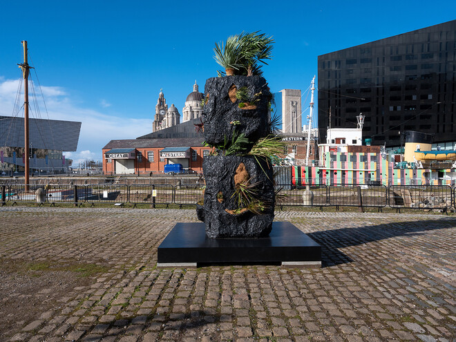 Stacked Heads (2020) by Rashid Johnson at Canning Dock Quayside. Photograph by Mark McNulty